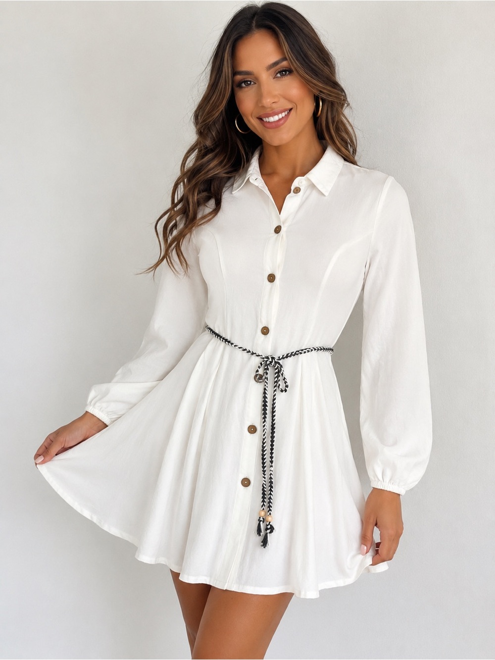 Ivory Button-Front Long Sleeve Shirt Dress